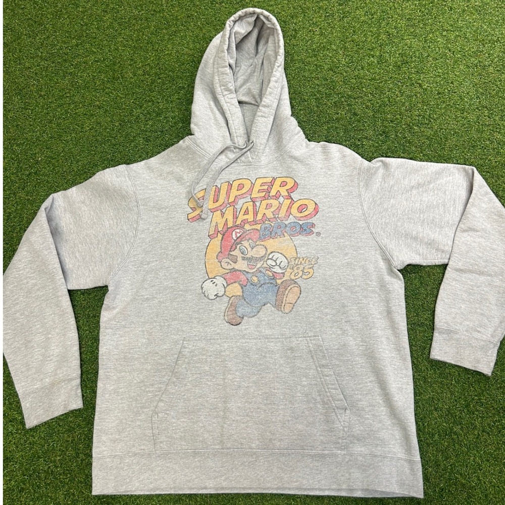 Nintendo Super Mario Bros Hoodie Grey Graphic Pullover Mens Large Since 85